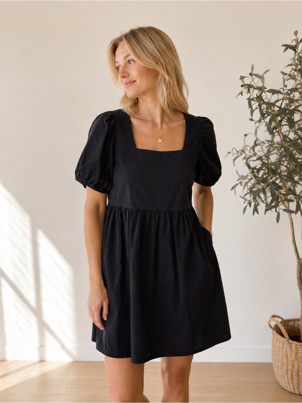 Cotton Black Square Neck Puff Sleeve Mini Dress / Bump friendly